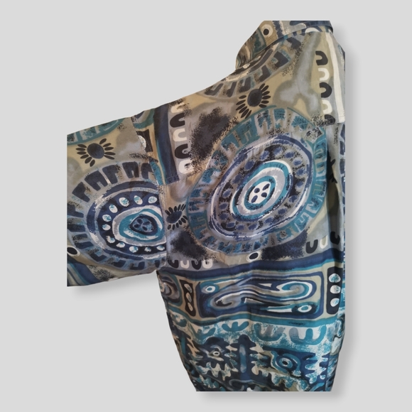 Abstract Pattern Shirt Mens Size L Blue Short Sleeve Silk Button Up Shirt - Picture 3 of 6